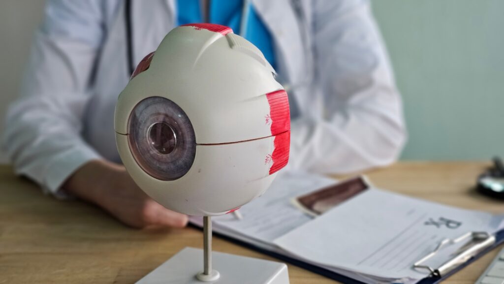 Model of an eye on a doctor's desk. Healthcare fraud concept.