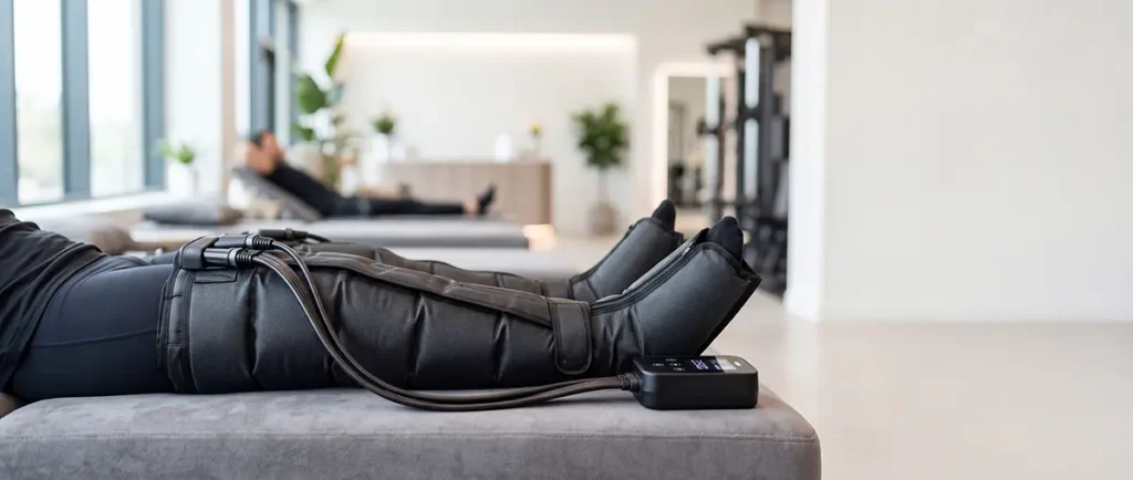 A patient lying in a bed with a black inflatable device on both legs which looks like it is inflating in sections. Healthcare fraud concept.